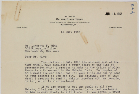 Letter form Oliver Ellis Stone to Lawrence Miwa (ddr-densho-437-60)