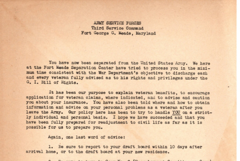 Form letter for separation from the United States Army (ddr-densho-563-58)