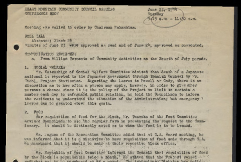 Minutes from the Heart Mountain Community Council meeting, June 27, 1944 (ddr-csujad-55-580)