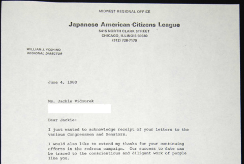 Letter to Jackie Vidourek from William Yoshino (ddr-chijacl-1-437)