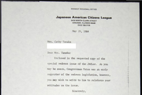 Letter to Cathy Tanaka from Bill Yoshino (ddr-chijacl-1-717)