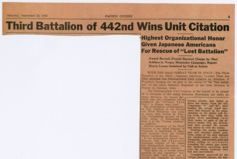 Article titled:  Third Battalion of 442nd Wins Unit Citation (ddr-densho-539-110)