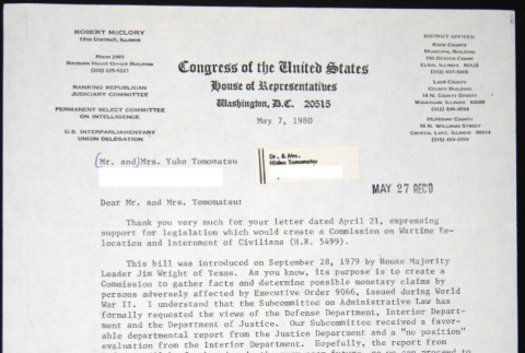 Letter to Yuko Tomomatsu from Robert McClory (ddr-chijacl-1-359)