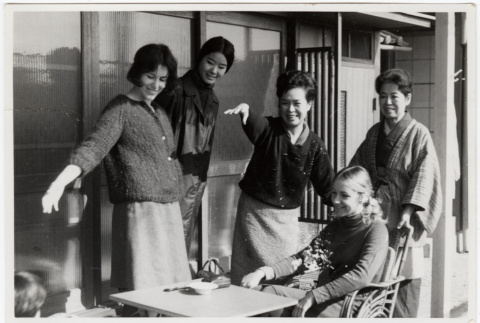 Group of five women outside house (ddr-densho-426-465)