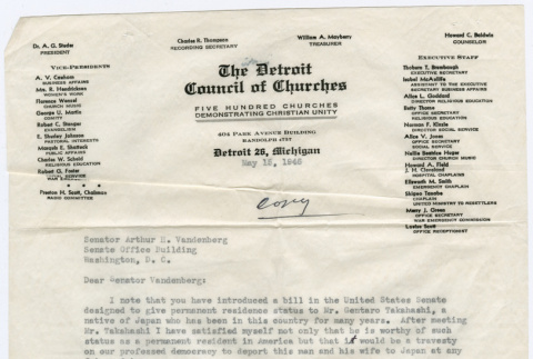 Letter from The Detroit Council of Churches to Sen. Arthur Vandenberg (ddr-densho-355-143)