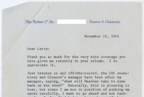 Letter from Audrey Meadows to Larry Tajiri (ddr-densho-338-161)