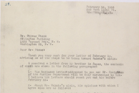 Letter from Lawrence Fumio Miwa to Oliver Ellis Stone (ddr-densho-437-205)