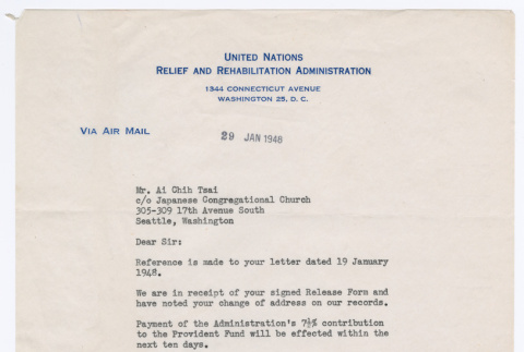 Letter from J.W. Fairchild, Chief of Payroll, to Ai Chih Tsai (ddr-densho-446-268)
