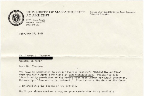 Letter to George L. Townsend from Meyer Weinberg at the University of Massachusetts-Ameherst (ddr-densho-275-45)