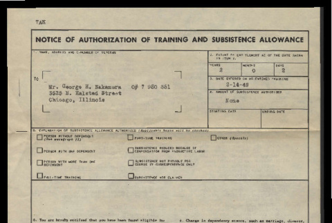 Notice of authorization training and subsistence allowance, VA Form 7-506, George Hideo Nakamura (ddr-csujad-55-2188)