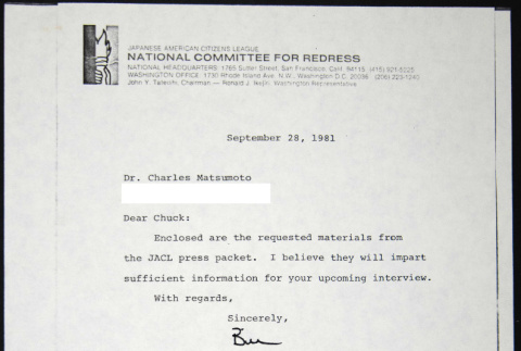 Letter to Charles Matsumoto from Bill Yoshino (ddr-chijacl-1-547)