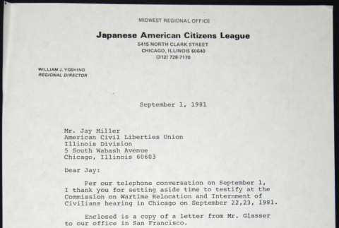Letter to Jay Miller from William Yoshino (ddr-chijacl-1-579)