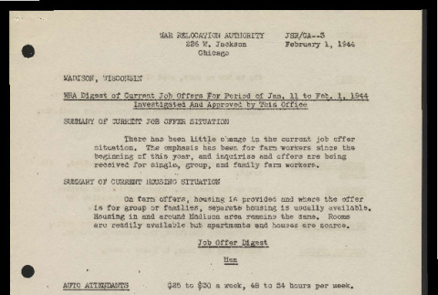 WRA digest of current job offers for period of Jan. 11 to Feb. 1, 1944, Madison, Wisconsin (ddr-csujad-55-818)