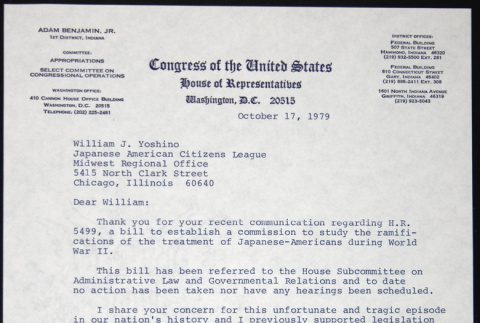 Letter to William Yoshino from Adam Benjamin Jr. (ddr-chijacl-1-409)