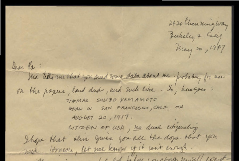 Letter from Thomas Shuzo Yamamoto to Mr. Henri Waegell, May 20, 1947 (ddr-csujad-55-2314)