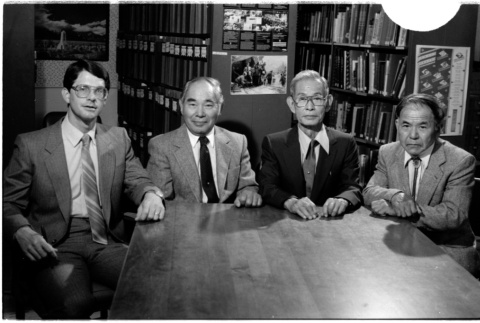Paul Minerich, Tim Nomiyama, Masao Kataoka, and Kenjiro Hayakawa at table (ddr-densho-1007-1139)