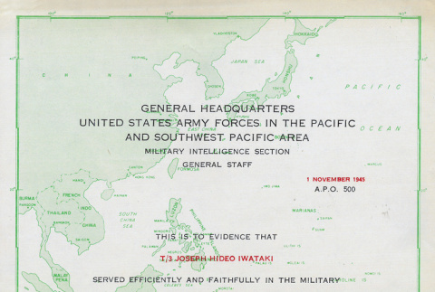 Certificate for Joe Hidao Iwataki for service in the Pacific and Southwest Pacific Area, signed by Charles Andrew Willoughby (ddr-ajah-2-747)