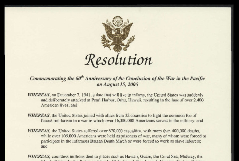 Resolution commemorating the 60th anniversary of the conclusion of the war in the Pacific on August 15, 2005 (ddr-csujad-55-2504)