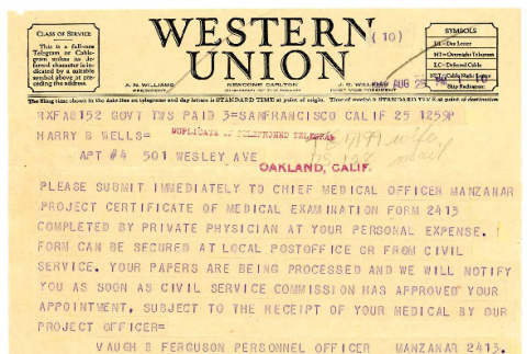 Telegram from Vaughn B Ferguson to Harry B. Wells, August 25, 1942 (ddr-csujad-48-50)