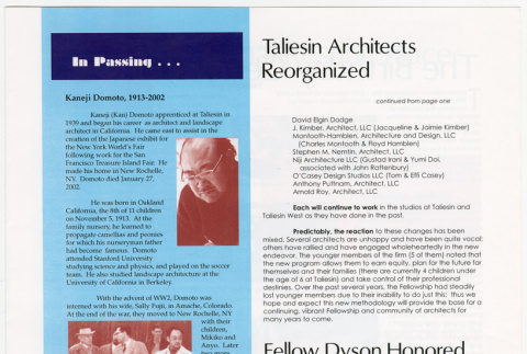 Obituary for Kaneji Domoto in Taliesin Fellows Newsletter (ddr-densho-329-1095)