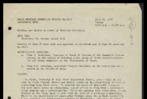 Minutes from the Heart Mountain Community Council meeting, June 30, 1944 (ddr-csujad-55-582)
