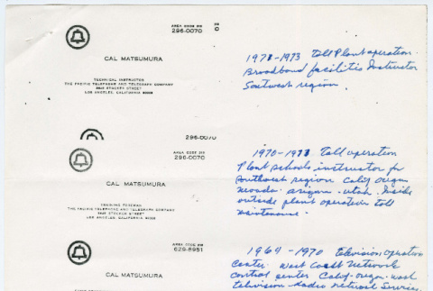 Clarence (Cal) Mastumura business cards and IDs (ddr-densho-1007-908)