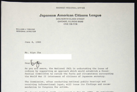 Letter to Kiyo Iha from William Yoshino (ddr-chijacl-1-479)