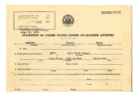 Statement of United States citizen of Japanese ancestry, DSS form 304A, Nobuo Naohara (ddr-csujad-38-576)