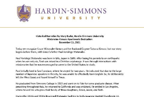 Historical narrative about Watanabe Family and their connection to Hardin-Simmons University (ddr-densho-481-5)