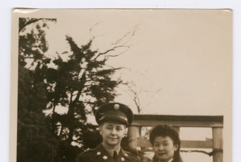 Mitsuye Takemiya and Charles Roeslin Jr. in front of Shimigamo Shrine (ddr-densho-550-21)