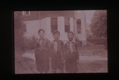 (Slide) - Image of three boys wearing boy scout uniforms (ddr-densho-330-85-master-57364cbd95)