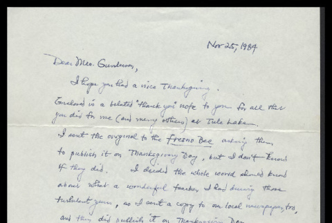 Letter from Yuzuru John Takeshita to Mrs. Margaret Gunderson, November 25, 1984 (ddr-csujad-55-254)