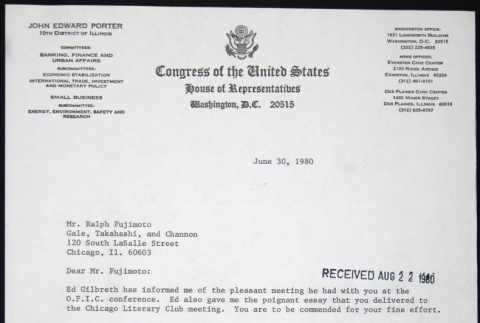 Letter to Ralph Fujimoto from John Porter (ddr-chijacl-1-329)