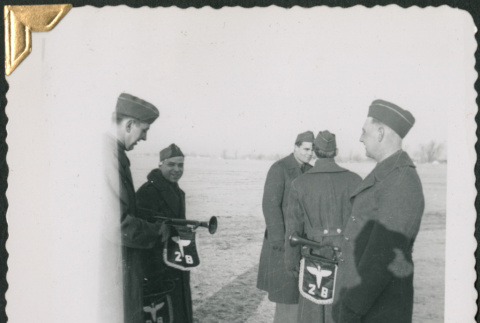 Men with bugles with insignia of Battalion 28 (ddr-densho-434-76)