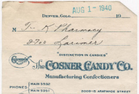 Invoice from The Cosner Candy Co. (ddr-densho-319-499)