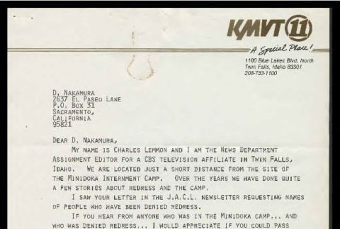 Letter from Charles Lemmon, KMVT News, to Dorothy Nakamura, July 5, 1991 (ddr-csujad-55-2119)