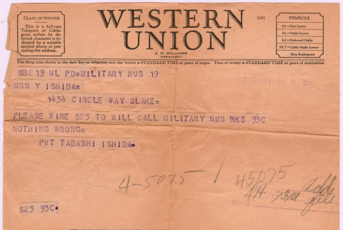 Telegram from Tadashi Ishida to Mrs. Y Ishida (ddr-densho-535-403)