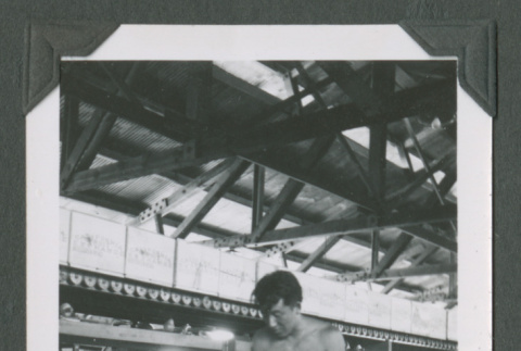 Shirtless man packing fruit into a crate (ddr-densho-471-168)
