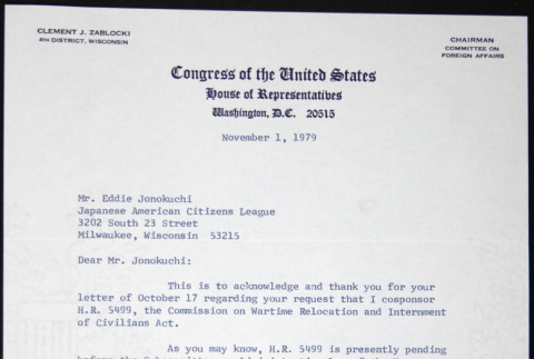 Letter to Eddie Jonokuchi from Clement Zablocki (ddr-chijacl-1-400)