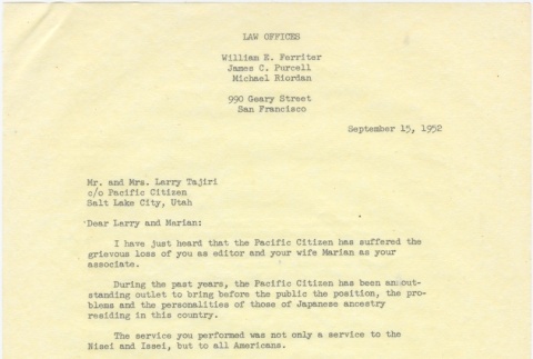 Thank you letter to Guyo and Larry Tajiri from James C. Purcell (ddr-densho-338-416)
