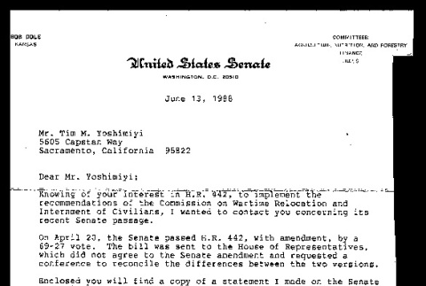 Letter from Bob Dole, United States Senator, to Tim Yoshimiya, June 13, 1988 (ddr-csujad-55-207)