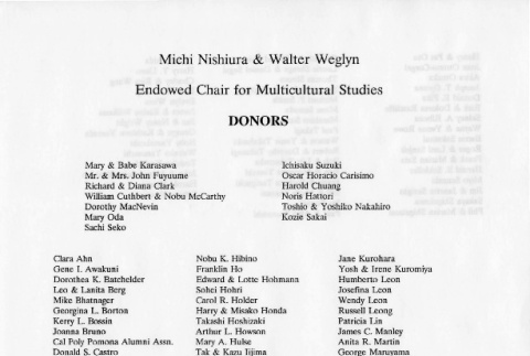 Michi Nishiura and Walter Weglyn Endowed Chair in Multicultural Studies Donors (ddr-csujad-24-23)