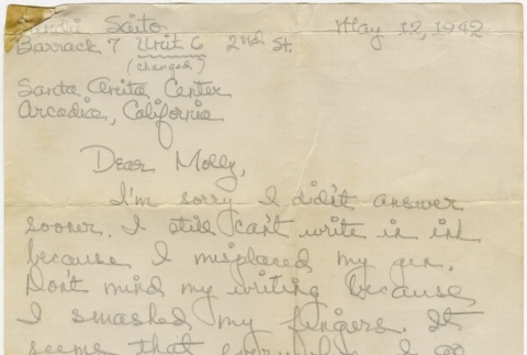 Letter to Molly Wilson from Sandie Saito (May 12, 1942) (ddr-janm-1-9)