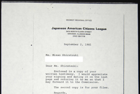 Letter to Misao Shiratsuki from Bill Yoshino (ddr-chijacl-1-576)
