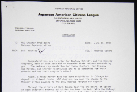 Memo to MDC Chapter Presidents, Redress Representatives from Bill Yoshino (ddr-chijacl-1-285)