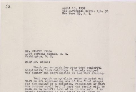 Letter from Lawrence Miwa to Oliver Ellis Stone concerning claim for James Seigo Maw's confiscated property (ddr-densho-437-246)