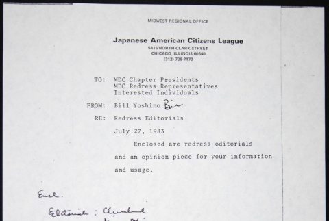 Memo to MDC Chapter Presidents, MDC Redress Representatives and Interested Individuals from Bill Yoshino (ddr-chijacl-1-264)