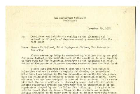 Letter from Thomas. W . Holland, Chief Employment Officer, December 29, 1942 (ddr-csujad-19-13)