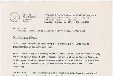 Press Release from the Commission on Asian American Affairs on State Agency supports congressional bills petaining to WWII incarceration of Japanese Americans (ddr-densho-352-229)