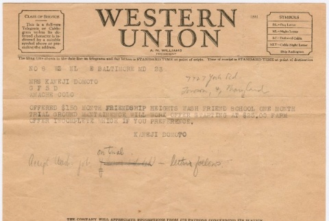 Western Union Telegram to Sally Domoto from Kan Domoto (ddr-densho-329-241)